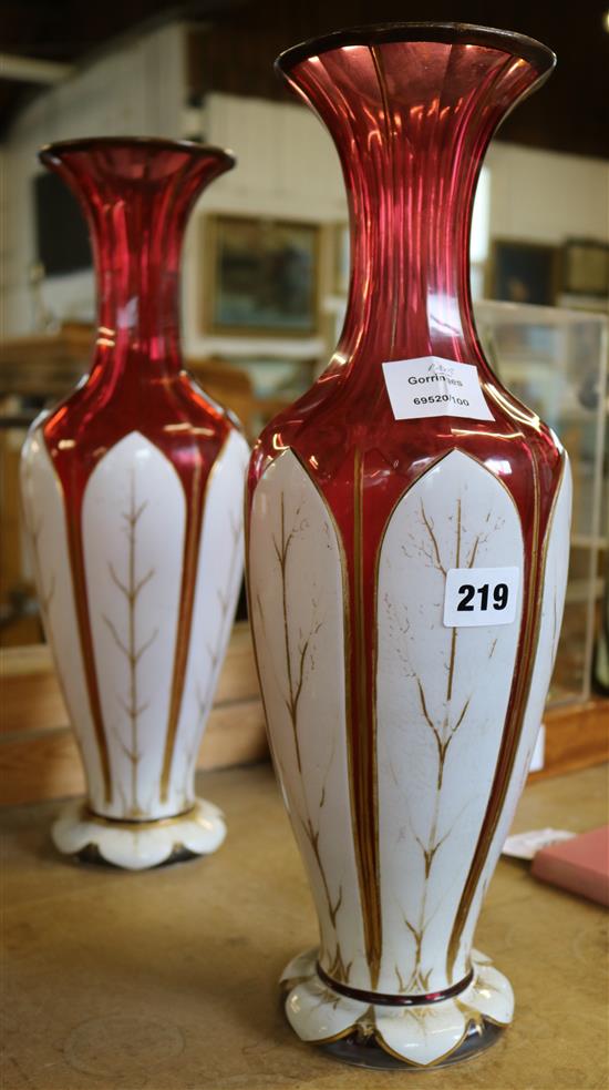 Pr 19th century Bohemian ruby and white flash cut vases
